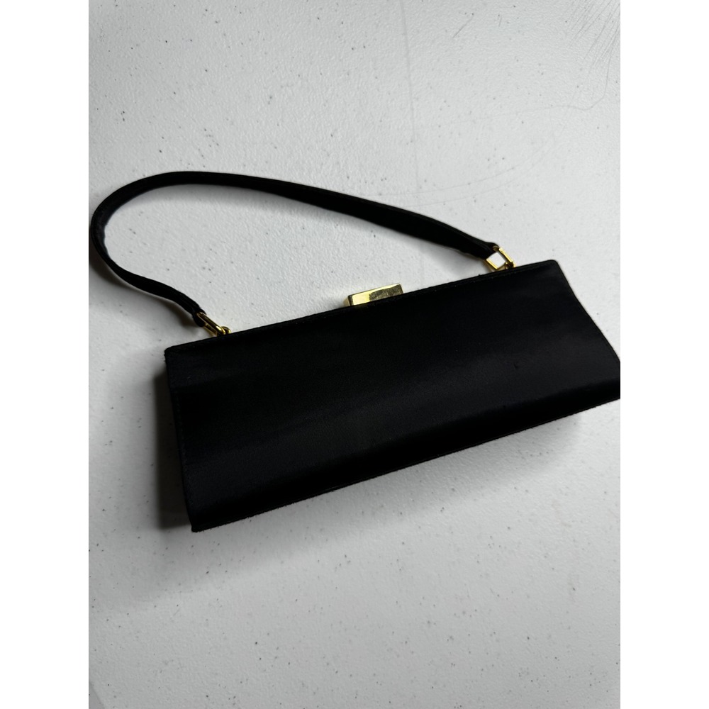 Sasha New York Black Satin Evening Clutch Bag Gold Tone Frame Vintage Formal